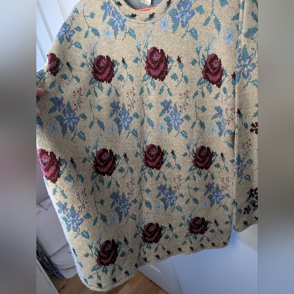 GRACE Vintage 90' Women Crewneck 3/4 Sleeves Roses Floral Pattern Loose Fit - Picture 4 of 11